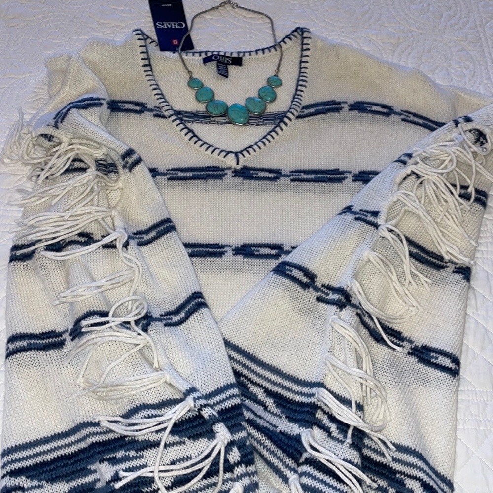 XL CHAPS DENIM CO WESTERN STYLE PONCHO V-NECK SWEATER Armholes RalphLaurenCo.NWT - Picture 14 of 16